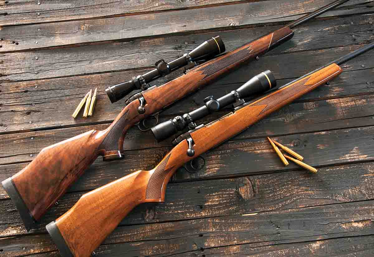 The newer Mark V Deluxe .240 Weatherby Magnum (top) features more traditional Weatherby stock lines as compared to the Mark V Sporter .270 Winchester (below).